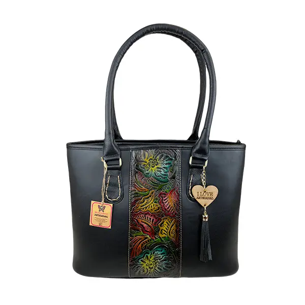 BOLSO VAQUETA ARTESANAL R CANDY FRANJA FLORES BICOLOR NEGRO F
