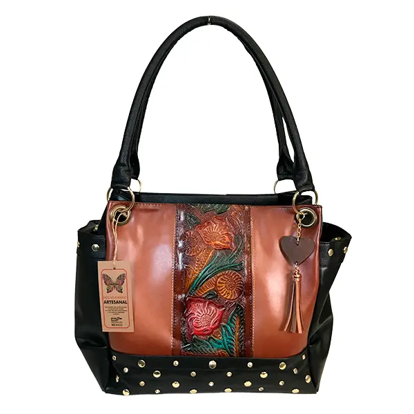 BOLSO VAQUETA ARTESANAL LUCHA FRANJA FLORES BICOLOR SHEDRON NEGRO L