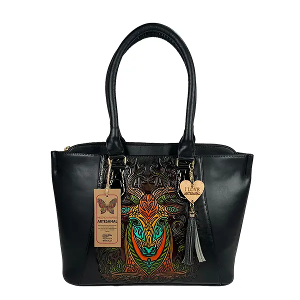 BOLSO VAQUETA ARTESANAL MARY VENADO BICOLOR NEGRO M