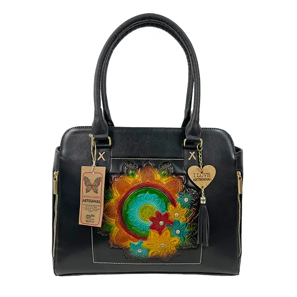 BOLSO VAQUETA ARTESANAL LORENA MANDALA BICOLOR NEGRO J