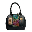 BOLSO VAQUETA ARTESANAL PACHITA FRANJA FLORES BICOLOR NEGRO E