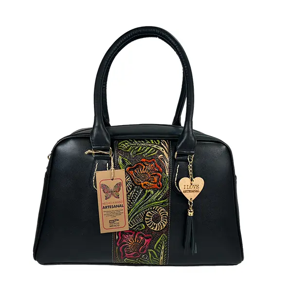 BOLSO VAQUETA ARTESANAL SOL FRANJA FLORES BICOLOR NEGRO G