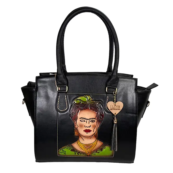 BOLSO VAQUETA ARTESANAL FERNANDA FRIDA BICOLORES NEGRO P