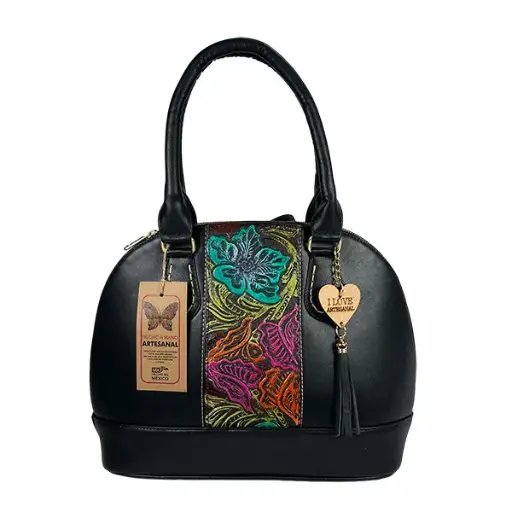 [B05VAAPFFBNE] BOLSO VAQUETA ARTESANAL PACHITA FRANJA FLORES BICOLOR NEGRO E